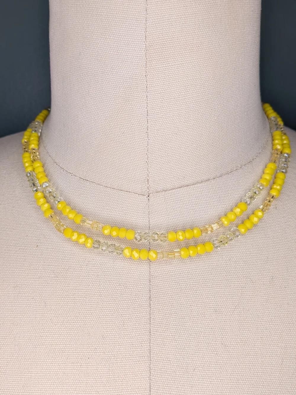 Long Yellow Glass Faceted Crystal Bead Strand Necklace Continuous Endless Strand